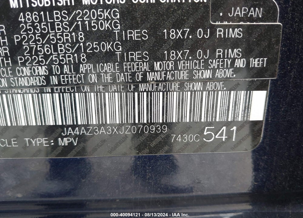2018 MITSUBISHI OUTLANDER ES/LE/SE/SEL VIN: JA4AZ3A3XJZ070939