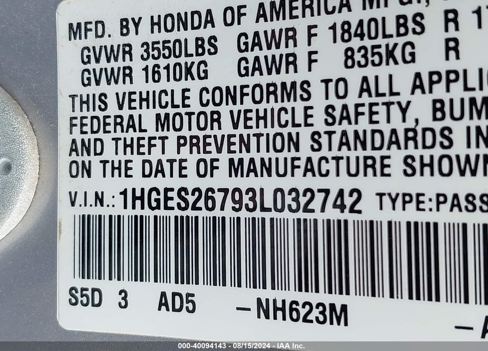 2003 HONDA CIVIC EX VIN: 1HGES26793L032742