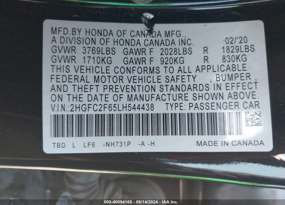 2020 HONDA CIVIC LX VIN: 2HGFC2F65LH544438