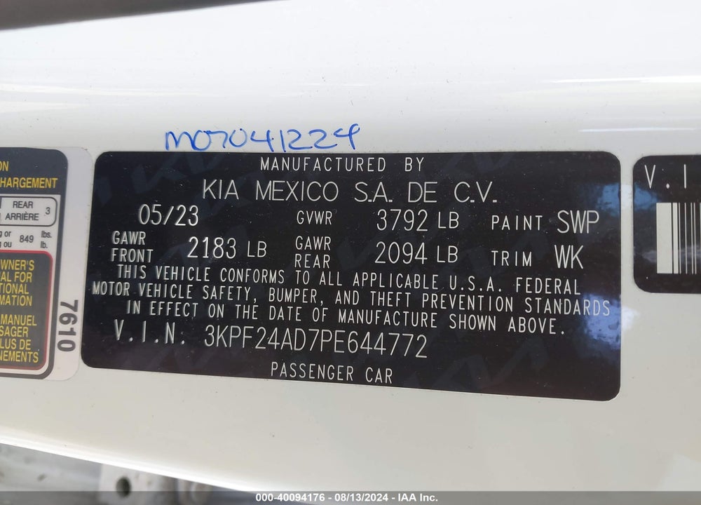 2023 KIA FORTE LXS VIN: 3KPF24AD7PE644772