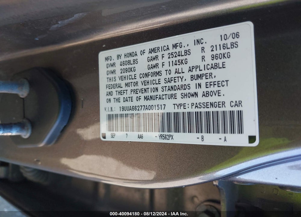 2007 ACURA TL 3.2 VIN: 19UUA66277A001517