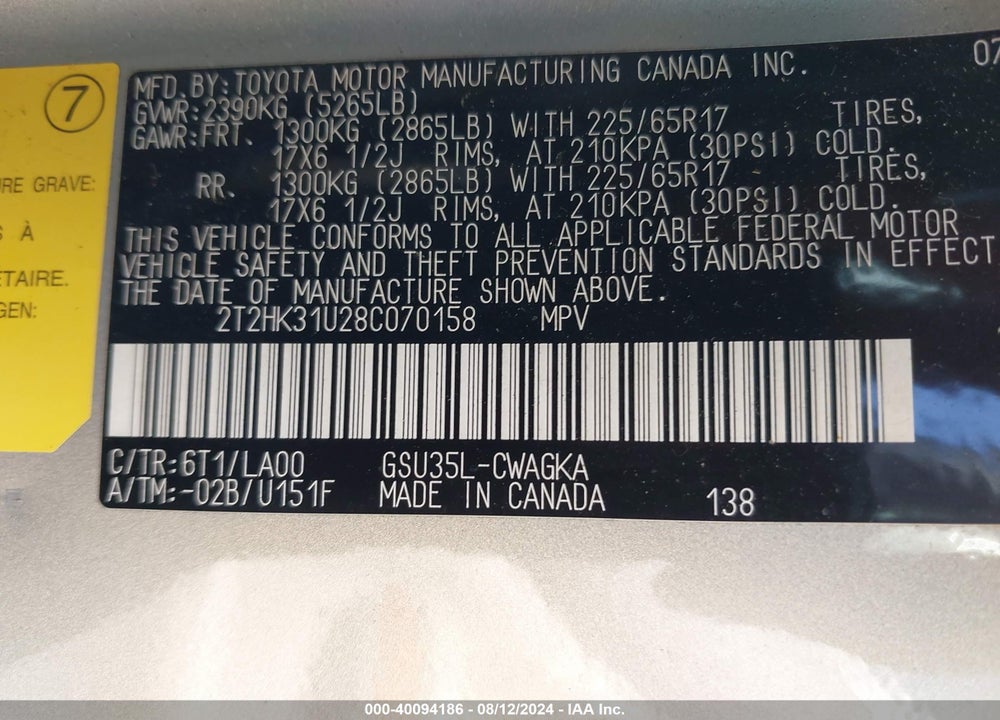 2008 LEXUS RX 350 VIN: 2T2HK31U28C070158