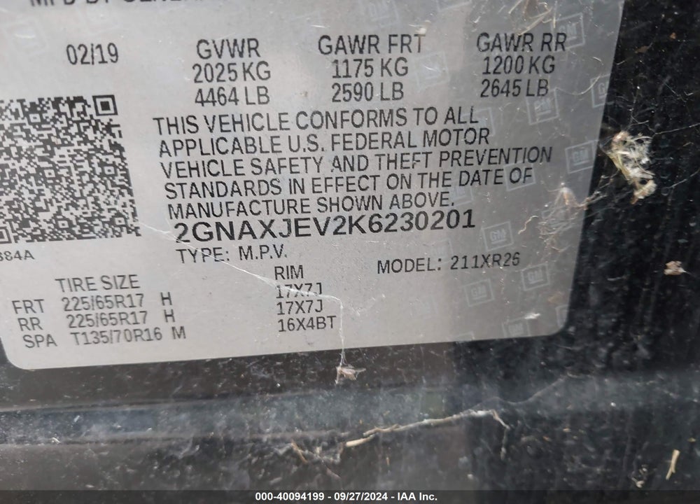 2019 CHEVROLET EQUINOX LT VIN: 2GNAXJEV2K6230201