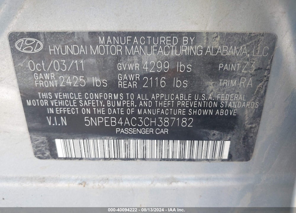 2012 HYUNDAI SONATA GLS VIN: 5NPEB4AC3CH387182