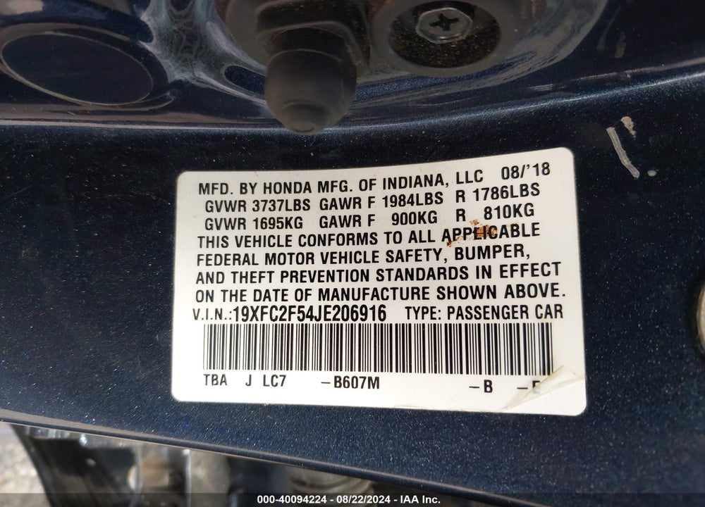 2018 HONDA CIVIC VIN: 19XFC2F54JE206916