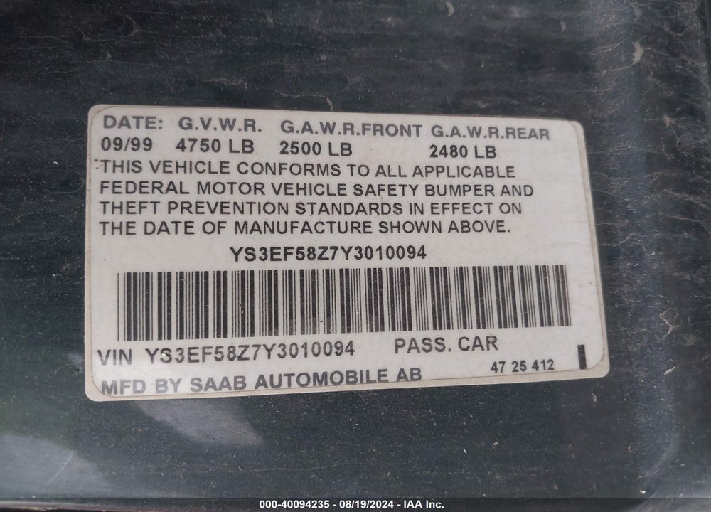2000 SAAB 9-5 SE V6T VIN: YS3EF58Z7Y3010094