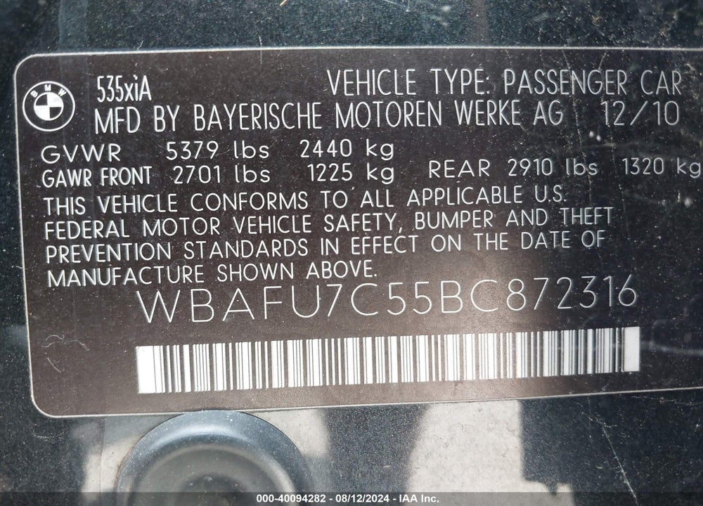 2011 BMW 535I XDRIVE VIN: WBAFU7C55BC872316