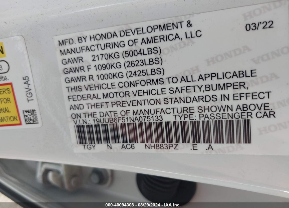 2022 ACURA TLX A-SPEC PACKAGE VIN: 19UUB6F51NA002053