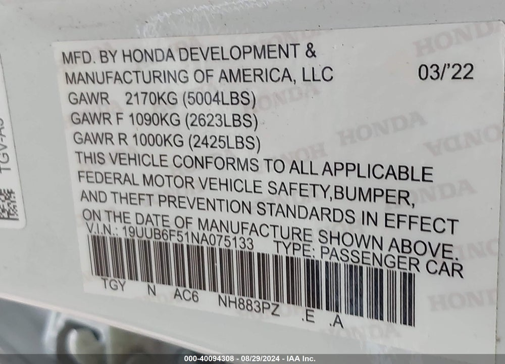2022 ACURA TLX A-SPEC PACKAGE VIN: 19UUB6F51NA002053