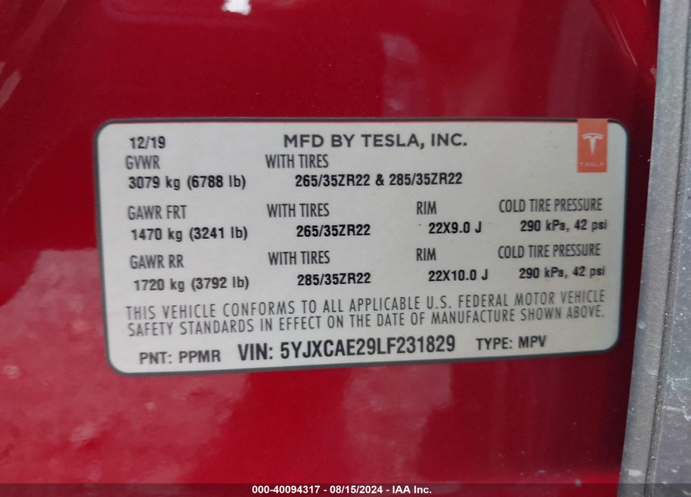 2020 TESLA MODEL X LONG RANGE DUAL MOTOR ALL-WHEEL DRIVE/LONG RANGE PLUS DUAL MOTOR ALL-WHEEL DRIVE VIN: 5YJXCAE29LF231829