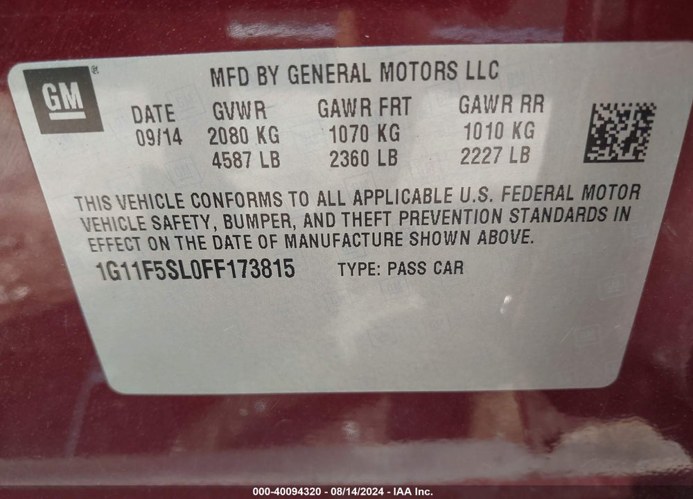 2015 CHEVROLET MALIBU 1LZ VIN: 1G11F5SL0FF173815