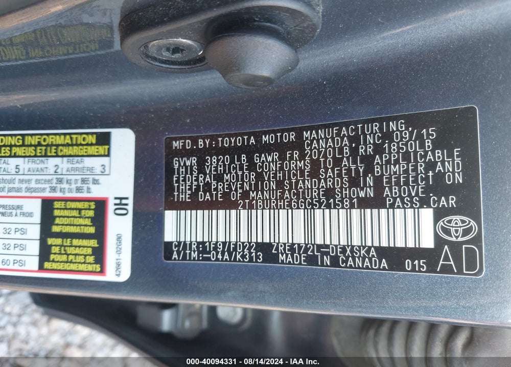 2016 TOYOTA COROLLA S PLUS VIN: 2T1BURHE6GC521581