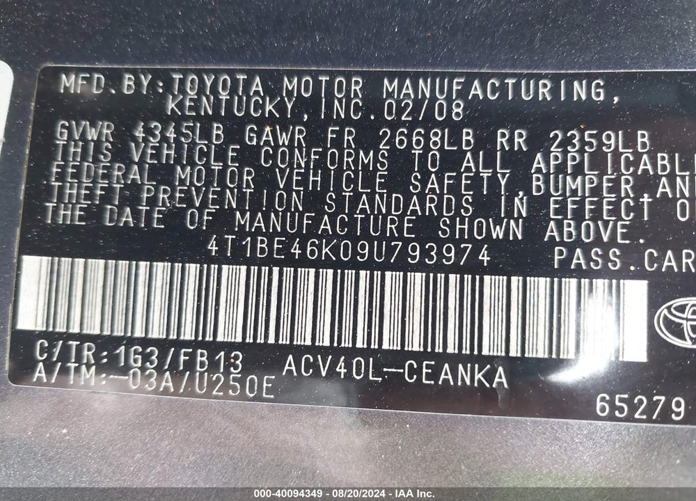 2009 TOYOTA CAMRY LE VIN: 4T1BE46K09U793974