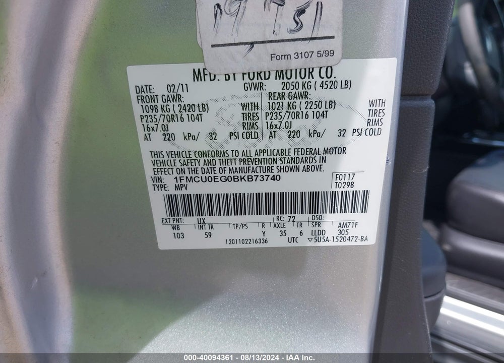 2011 FORD ESCAPE LIMITED VIN: 1FMCU0EG0BKB73740