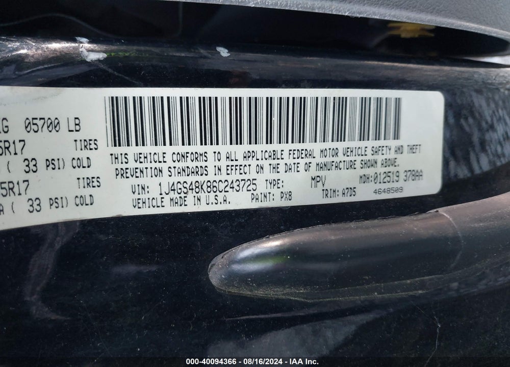2006 JEEP GRAND CHEROKEE LAREDO VIN: 1J4GS48K86C243725