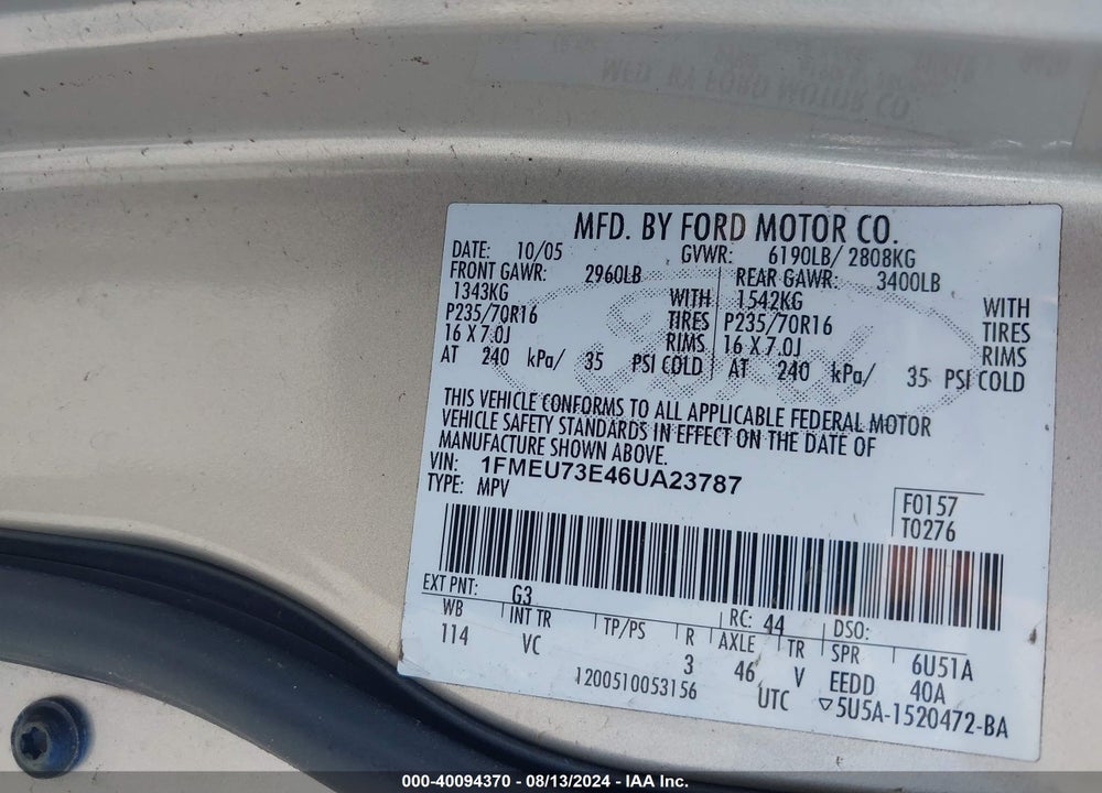 2006 FORD EXPLORER XLT VIN: 1FMEU73E46UA23787