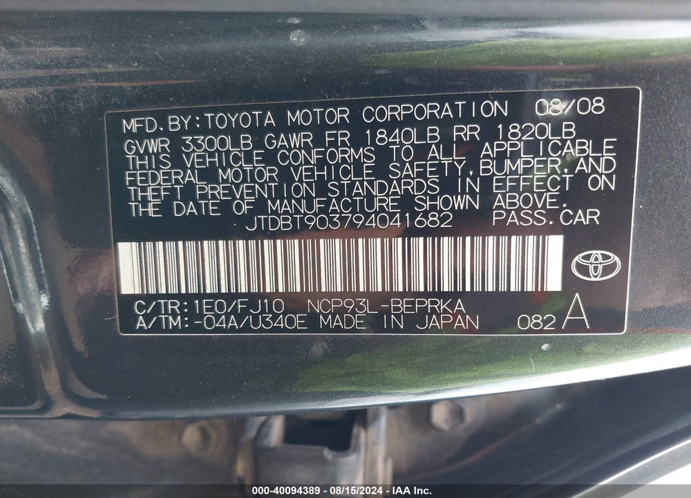 2009 TOYOTA YARIS VIN: JTDBT903794041682