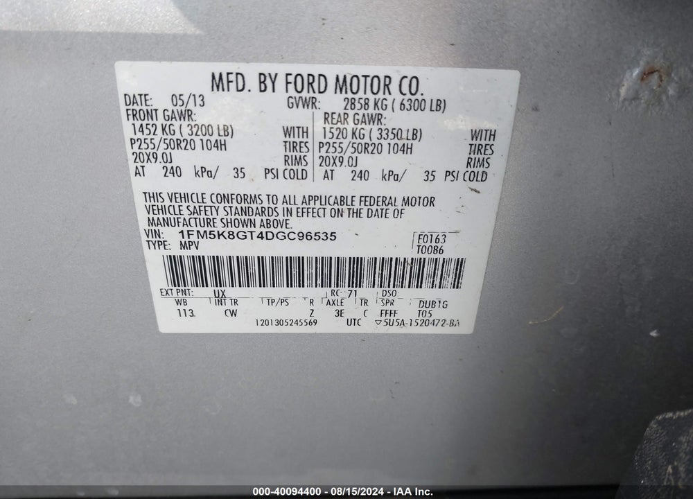 2013 FORD EXPLORER SPORT VIN: 1FM5K8GT4DGC96535
