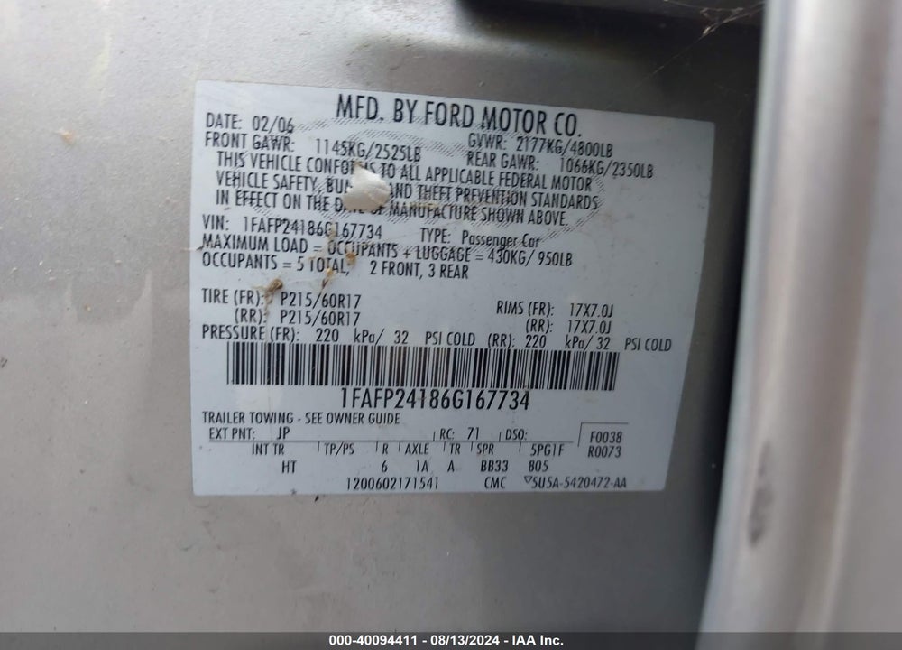 2006 FORD FIVE HUNDRED SEL VIN: 1FAFP24186G167734