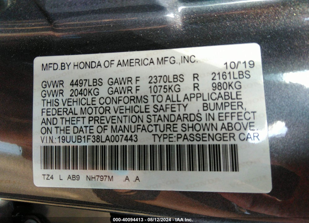 2020 ACURA TLX STANDARD VIN: 19UUB1F38LA007443