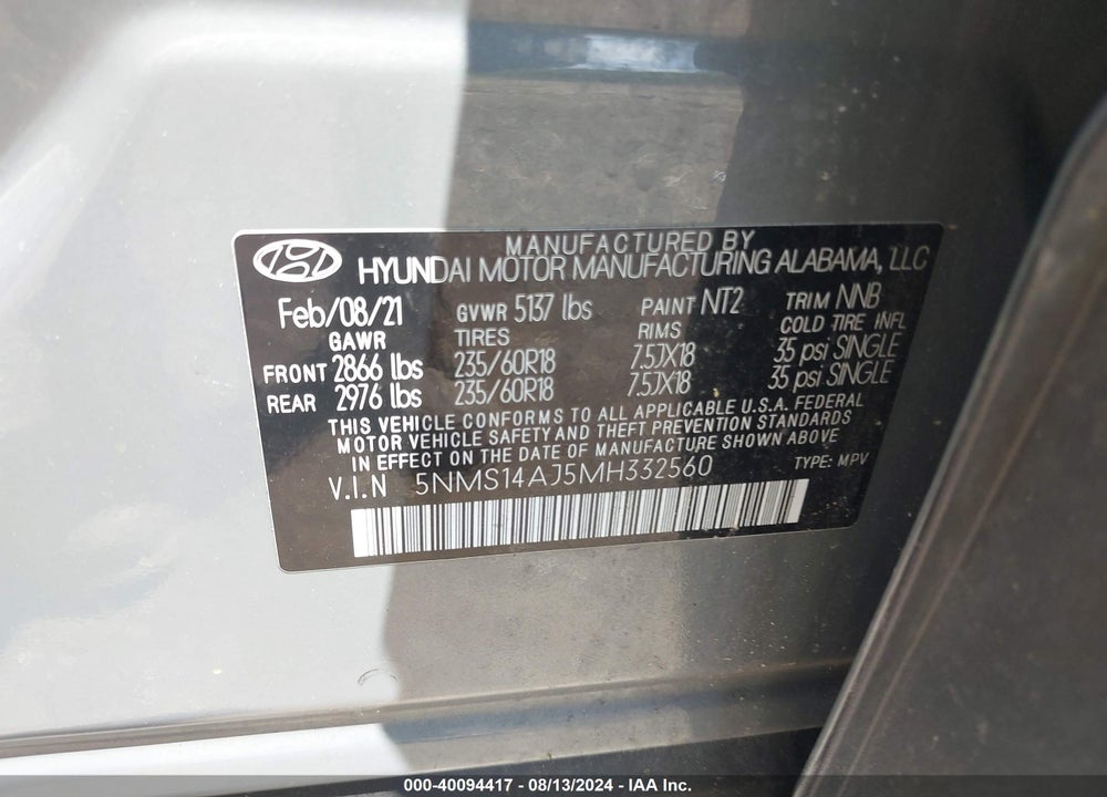 2021 HYUNDAI SANTA FE SE VIN: 5NMS14AJ5MH332560