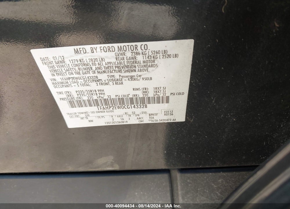 2012 FORD TAURUS SEL VIN: 1FAHP2EW0CG143328