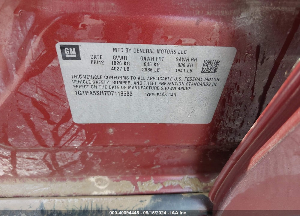 2013 CHEVROLET CRUZE LS AUTO VIN: 1G1PA5SH7D7118533