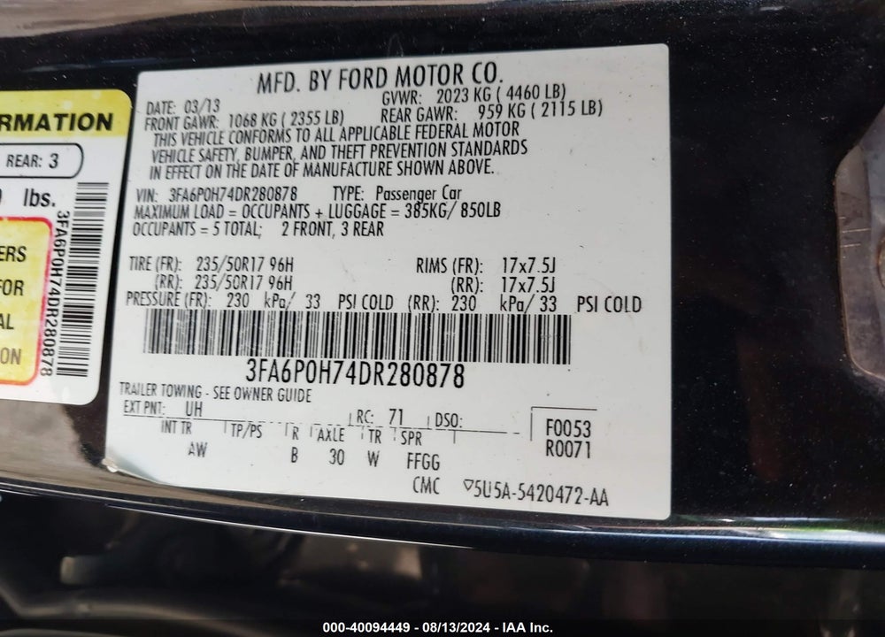 2013 FORD FUSION SE VIN: 3FA6P0H74DR280878