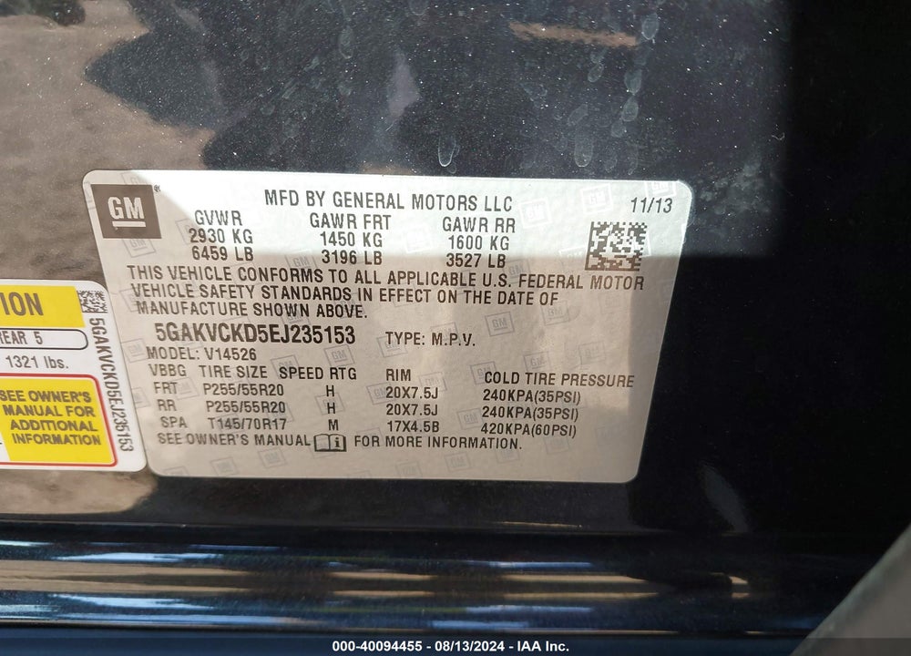 2014 BUICK ENCLAVE PREMIUM VIN: 5GAKVCKD5EJ235153