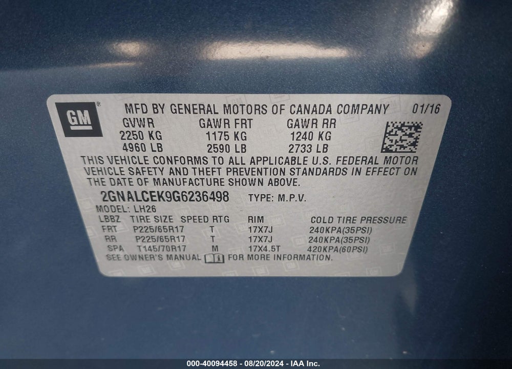 2016 CHEVROLET EQUINOX VIN: 2GNALCEK9G6236498