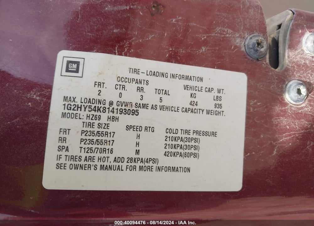 2001 PONTIAC BONNEVILLE SLE VIN: 1G2HY54K814193095