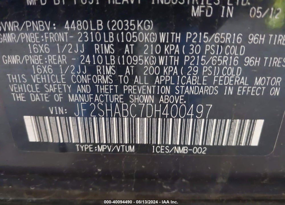 2013 SUBARU FORESTER VIN: JF2SHABC7DH400497