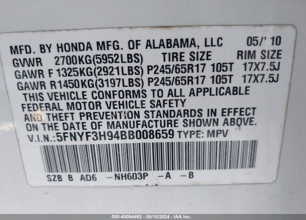 2011 HONDA PILOT TOURING VIN: 5FNYF3H94BB008659