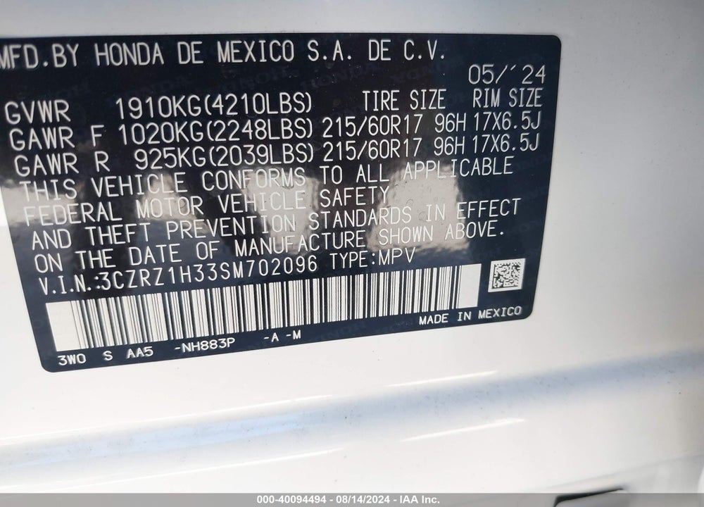 2025 HONDA HR-V 2WD LX VIN: 3CZRZ1H33SM702096