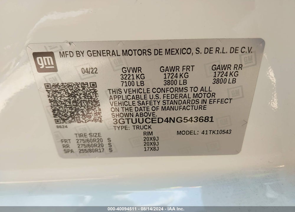 2022 GMC SIERRA 1500 4WD SHORT BOX ELEVATION WITH 3SB VIN: 3GTUUCED4NG543681