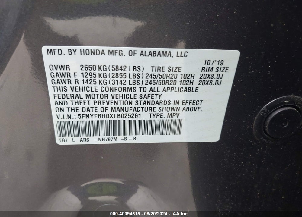 2020 HONDA PILOT AWD ELITE VIN: 5FNYF6H0XLB025261