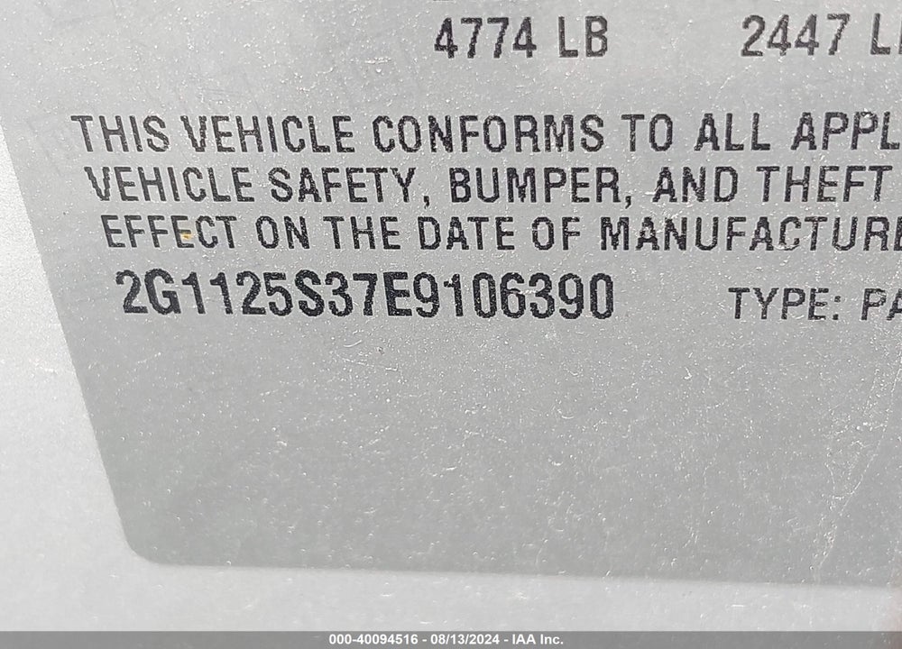 2014 CHEVROLET IMPALA 2LT VIN: 2G1125S37E9106390