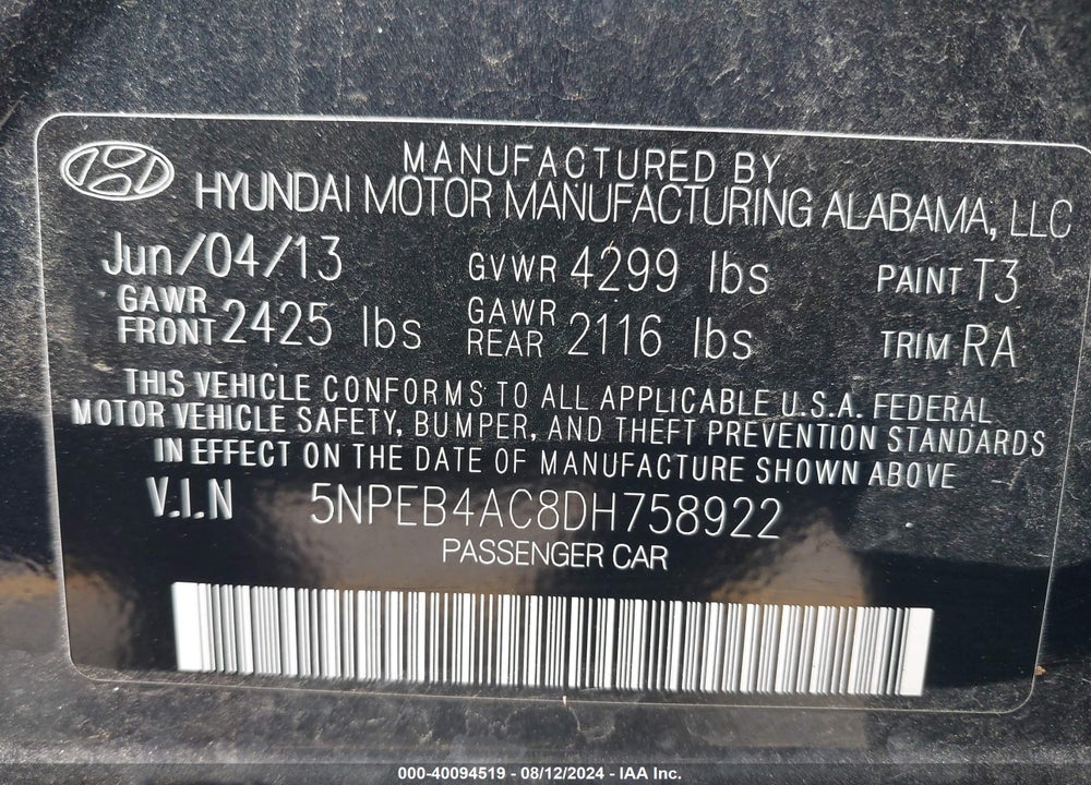 2013 HYUNDAI SONATA GLS VIN: 5NPEB4AC8DH758922