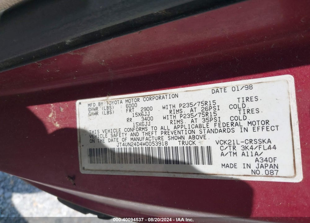 1998 TOYOTA T100 SR5 V6 VIN: JT4UN24D4W0053918