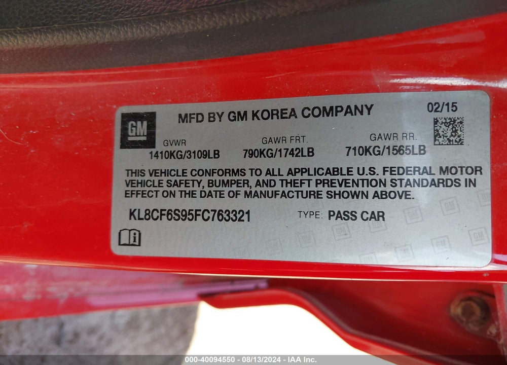 2015 CHEVROLET SPARK 2LT CVT VIN: KL8CF6S95FC763321
