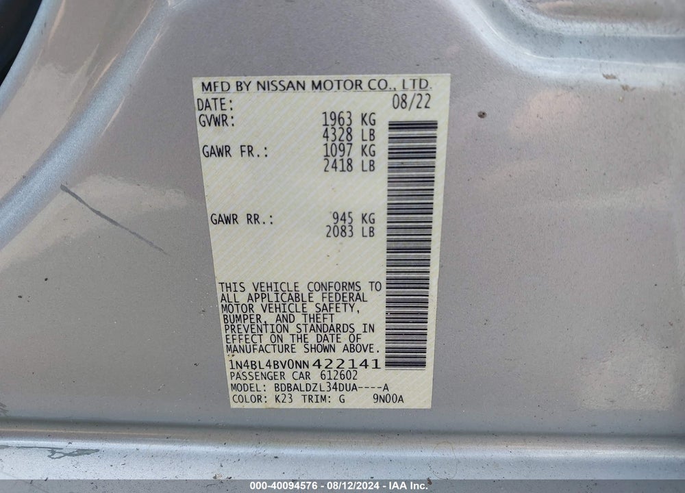 2022 NISSAN ALTIMA S FWD VIN: 1N4BL4BV0NN422141