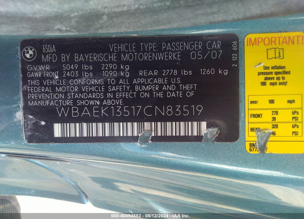 2007 BMW 650I VIN: WBAEK13517CN83519
