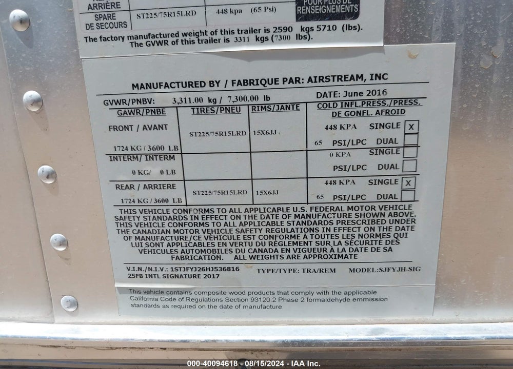 2017 AIRSTREAM INTERNATIONAL 25FB VIN: 1STJFYJ26HJ536816