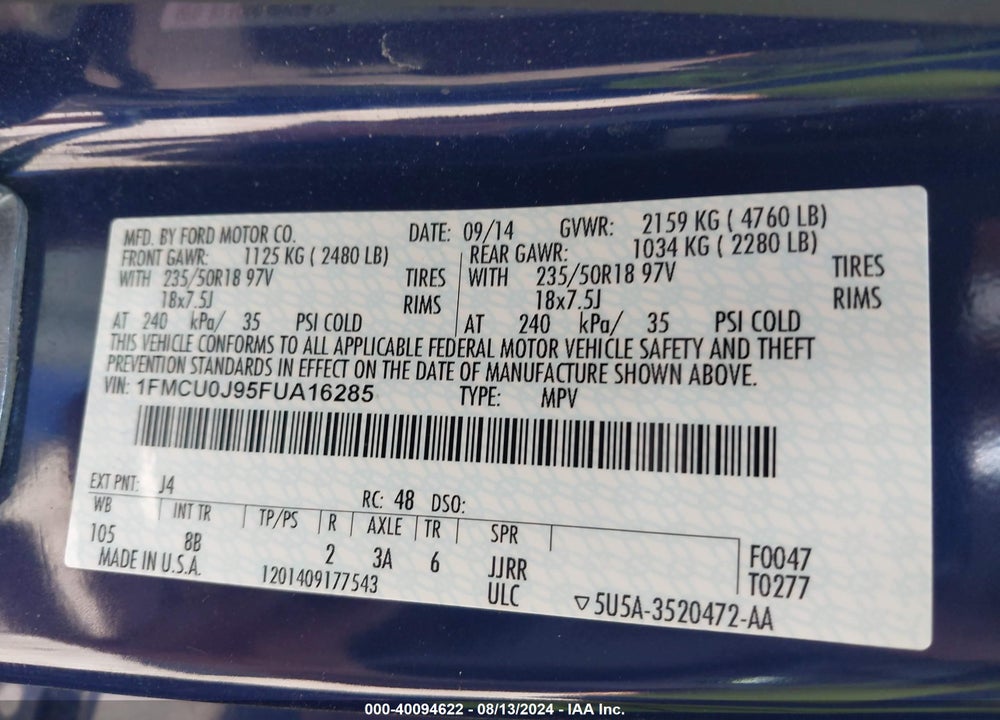 2015 FORD ESCAPE TITANIUM VIN: 1FMCU0J95FUA16285