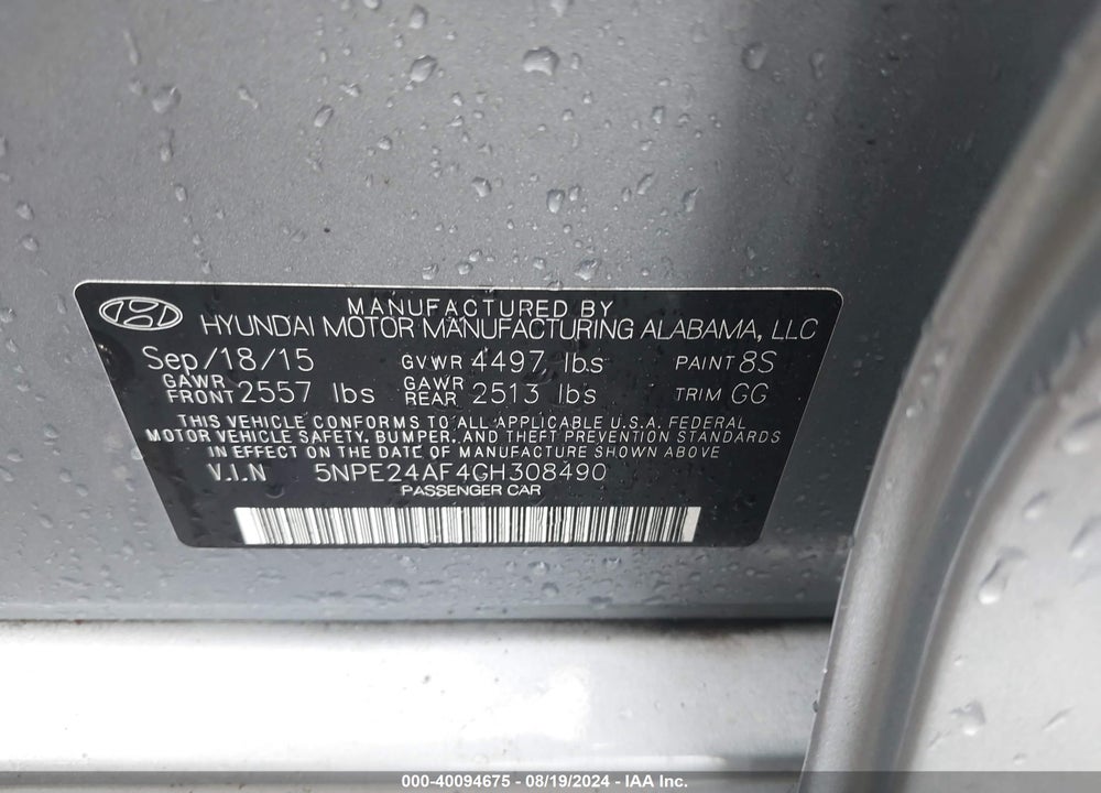 2016 HYUNDAI SONATA SE VIN: 5NPE24AF4GH308490