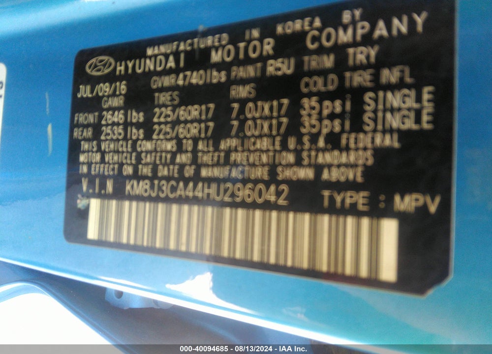 2017 HYUNDAI TUCSON SE VIN: KM8J3CA44HU296042