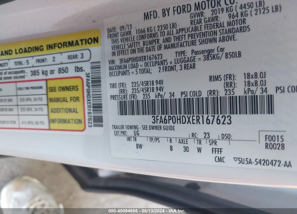 2014 FORD FUSION SE VIN: 3FA6P0HDXER167623