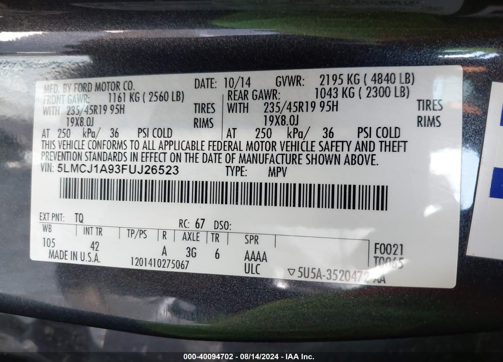 2015 LINCOLN MKC VIN: 5LMCJ1A93FUJ26523