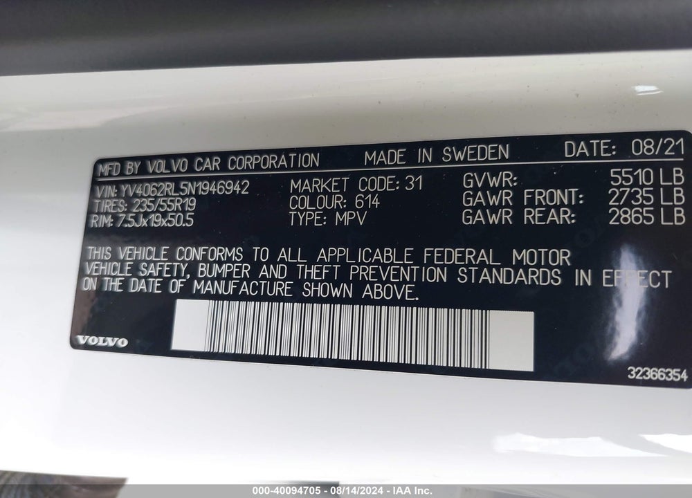 2022 VOLVO XC60 B6 INSCRIPTION VIN: YV4062RL5N1946942