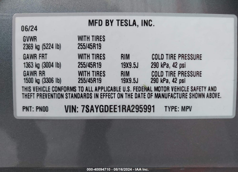 2024 TESLA MODEL Y LONG RANGE DUAL MOTOR ALL-WHEEL DRIVE VIN: 7SAYGDEE1RA295991